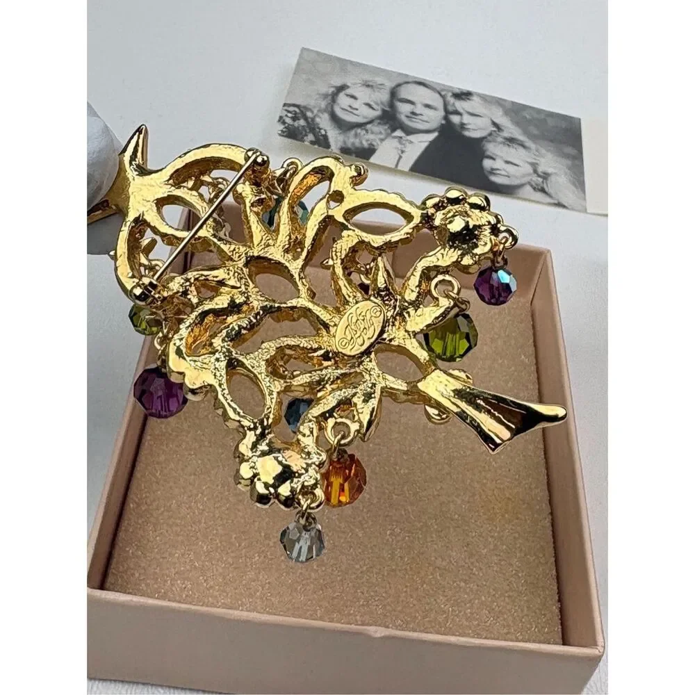 NOS Vintage Kirks Folly Christmas Tree Brooch Dangling Rhinestones Crystals AX26